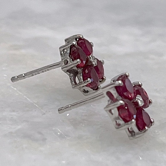 African Ruby Heart Floral Sterling Silver Stud Earrings - Picture 4 of 7